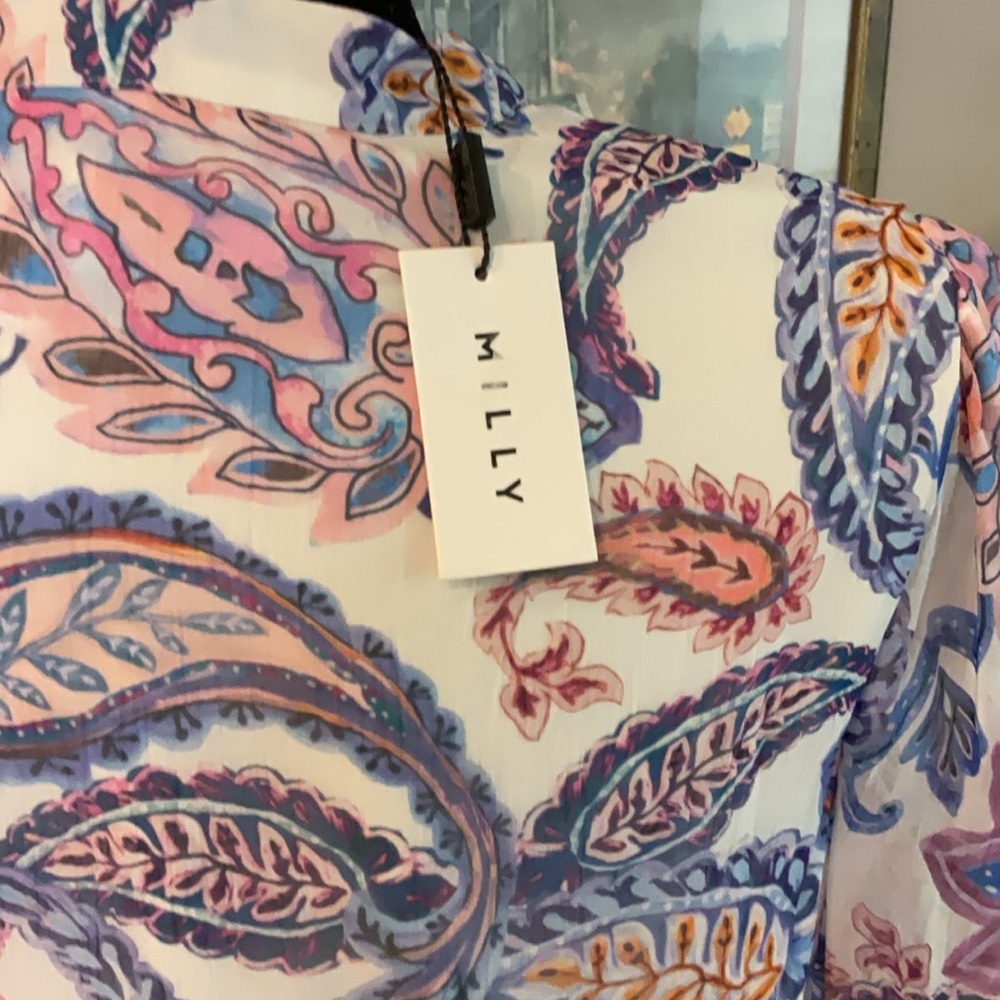 Milly - Paisley Long-Sleeve Chiffon Tie-Waist Dress in Pink & Blue - Picture 4 of 6